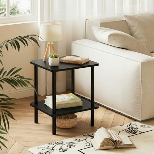 FORAOFUR Black Narrow End Table with Charging Station, 2 Tier Coffee Table | Ultra-narrow 11.8" width fits tight spaces, USB & outlets, sleek black finish, sturdy MDF build, assembles in 15 mins - color: Black
