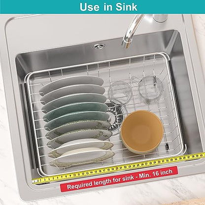Expandable Multifunctional Dish Drying Rack, Over The Sink, in Sink Or On Counter Dish Drainer Basket Shelf with Black Utensil Silverware Holder, Rustproof Stainless Organizer - color: Black