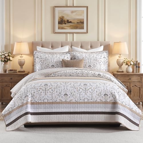 100% Cotton Quilt Set King Size - Reversible Botanical Quilted Comforter, King Quilt Bedspread, Lightweight Bedding, 3pcs, Brown/Beige - color: Brown/Beige, size: King(98"x106")