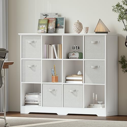 VORONOI 12 Cube Storage Organizer with 6 Fabric Drawers and Removable Shelves — Modular Cube Bookshelf for Bedroom, Living Room, or Home Office, Short Cube Bookcase for Toys, Decor,White - color: White, size: 12-Cube