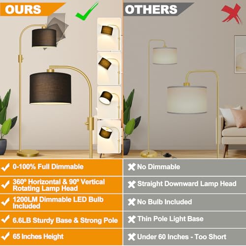 Nintiue Upgraded Modern Arc Dimmable Tall Standing Floor Lamp with Black Shade, 1200 Lumens LED Bulb Included, for Living & Reading Room, Bedroom, Office & Nursery, Gold - color: Gold-Black Shade