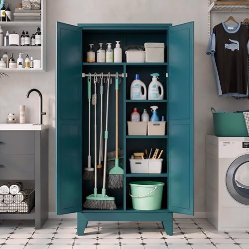 71" H Tall Pantry Cabinet with Doors,Kitchen Pantry Cabinet,Blue Metal Storage Cabinets,Garage Storage Cabinet,Food Storage Cabinet with Doors and Shelves - color: Blue, size: 71”H-4 shelves