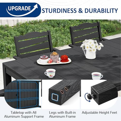 7-Piece Patio Dining Set, 63" Outdoor Dining Rectangle Table w/Aluminum Frame and 6 Chairs, Weatherproof HIPS Dining Furniture with Umbrella Hole, for Backyard Garden Deck Poolside, Black - size: 7pcs set