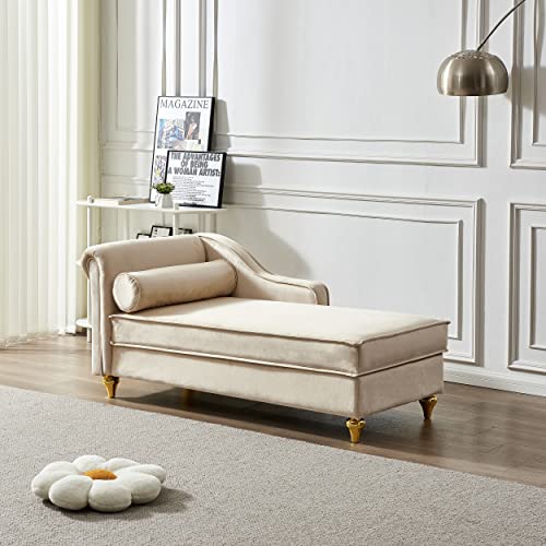 60.6" Modern Storage Chaise Lounge Indoor,Velvet Upholstery Sofa Chair with1 Toss Pillows,Upholstery Lounge Sofa with Gold Metal Legs for Small Apartment,Living Room,Office,Reception Area,Beige - color: Beige