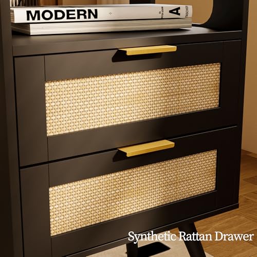 Rattan Nightstand with Charging Station,Farmhouse Bedside Table with 2 Storage Drawer and Open Wood Shelf, for Bedroom and Small Spaces,Night Stand with Solid Wood Legs (Black-Outlet) - color: Black-outlet