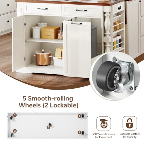 Kitchen Island with Drop Leaf, 47.6" Kitchen Island with Storage | with Power Outlet & Trash Bin Rolling Kitchen Cart with Spice Rack Island Table for Kitchen Breakfast Home Bar, Antique White