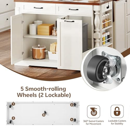 Kitchen Island with Drop Leaf, 47.6" Kitchen Island with Storage | with Power Outlet & Trash Bin Rolling Kitchen Cart with Spice Rack Island Table for Kitchen Breakfast Home Bar, Antique White
