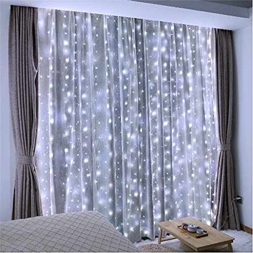 ZSJWL 300 LED Curtain Fairy Lights with Remote, 9.8 × 9.8 Ft, USB Plug in | 8 Modes, Waterproof, Twinkle Silver Wire, String Lights for Bedroom, Windows, Christmas, Wedding and Party Decor, White - color: White, size: 300LED