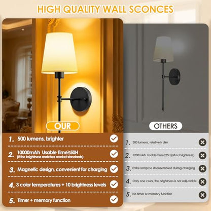 OCATO Wall Sconces Battery Operated 10000mAh Wireless Wall Sconces Set of 2 | Rechargeable Wall Lights with 10000mAh Dimmable Bulbs and Remote 7 Colors Wireless Wall Lamps for Bedroom Living Room Hallway - color: Black