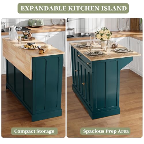 HLR Kitchen Island with Drop Leaf & Storage, Solid Rubber Wood Top Rolling Kitchen Cart with Carved Recessed Panel Doors, Large Mobile Island Table on Wheels for Kitchen, Dining Room (Green) - color: Green