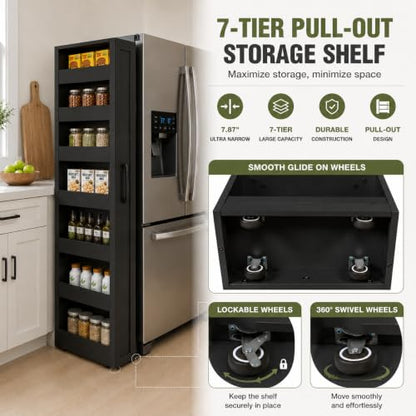 Tall Narrow Storage Cabinet, 71 Inch Tall, 8 Inch Wide, Black | 7-Shelf Slim Pull-Out Organizer with Wheels for Small Spaces, Kitchen, Bathroom, Laundry Room and Narrow Gaps - color: D-black