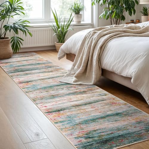 KOZYFLY Modern Abstract Hallway Runner Rug, 2x8 Washable Rug Runner Non-Slip Soft Kitchen Runner Rugs, Print Green Carpet Runner for Entryway Bathroom Laundry Room Foyer - color: Green/Turquoise, size: 2' x 8' (Runner)