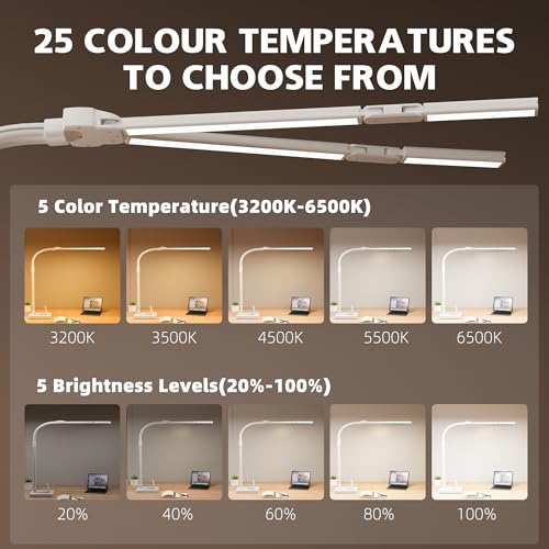 LED Desk Lamp for Home Office - 24W Bright Double Head Desk Light with Clamp Eye Caring Architect Task Light 25 Lighting Modes Adjustable Flexible Gooseneck Lamp (All White) - color: All White