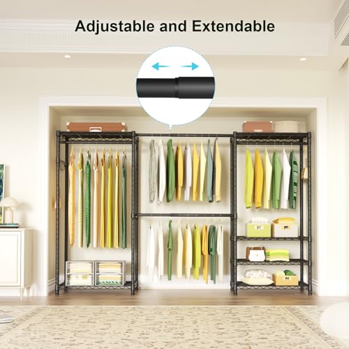E1 Heavy Duty Closet Garment Rack, Easy to Assemble Wardrobe, Black | 6 Tiers Adjustable Metal Freestanding Expandable Clothing Storage with 4 Hanger Rods - color: Black