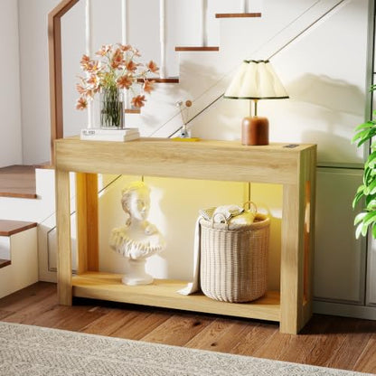 Wood Console Table Entryway：47" Oak Narrow Entryway Table with Outlet | Behind the Couch Tables with LED, Modern Console Tables for Hallway, Living Room