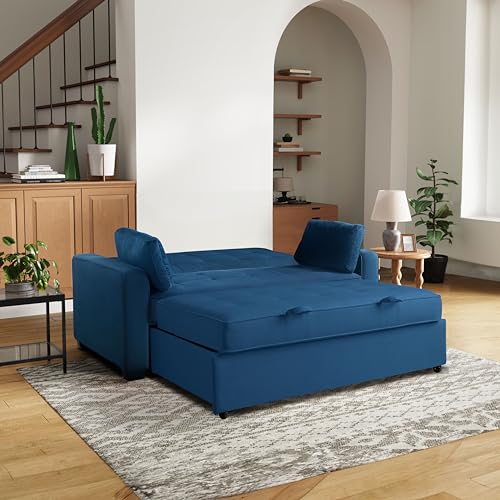 Serta Ainsley 72.6" Convertible Sleeper Sofa, Queen Size, Dreamcoil Comfort, Soft Velvet Fabric, Navy - color: Navy Blue, size: Queen Sofa