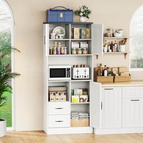 Farmhouse Kitchen Pantry Cabinet with LED Lights and Power Strip, Tall Kitchen Storage Cabinet, Kitchen Hutch with Microwave Stand & Barn Doors and Drawers for Dining Room (White) - color: White, style: Modern