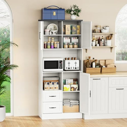 Farmhouse Kitchen Pantry Cabinet with LED Lights and Power Strip, Tall Kitchen Storage Cabinet, Kitchen Hutch with Microwave Stand & Barn Doors and Drawers for Dining Room (White) - color: White, style: Modern