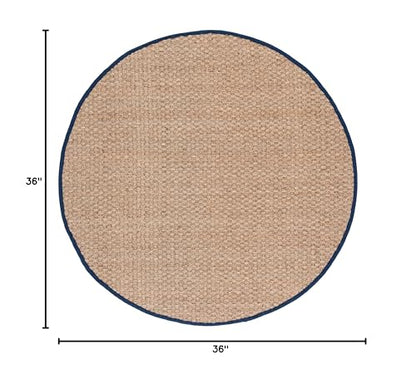 SAFAVIEH Area Rug 3' Round - Natural Fiber Collection - Natural & Blue, Seagrass, Basketweave Pattern with Border (NF114E) - color: Natural/Navy Blue, size: 3' (Round)