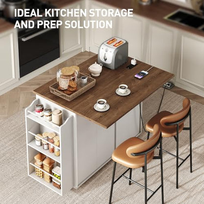 Kitchen Island with Power Outlet & Drop Leaf, Mobile Rolling Cart with Trash Can Storage, 3-Tier Spice Rack, Island Table for Kitchen, Dining Room, White and Walnut - color: White + Walnut
