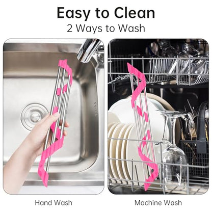Tomorotec Triangle Roll Up Dish Drying Rack 304 Stainless Steel Rose | BPA-Free Food-Grade Silicone Edges Foldable Waterproof Rustproof Heavy-Duty Space Saver Heat Resistant to 550°F - color: Rose