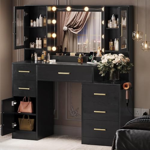 TOKSOM Makeup Vanity Desk with Mirror and Lights, 51" Makeup Vanity with Lights & Charging Station, Dressing Table Vanity Set for Bedroom, Vanity Table with 6 Drawers and 3 Cabinet Black - size: 51 inch, style: Modern Black