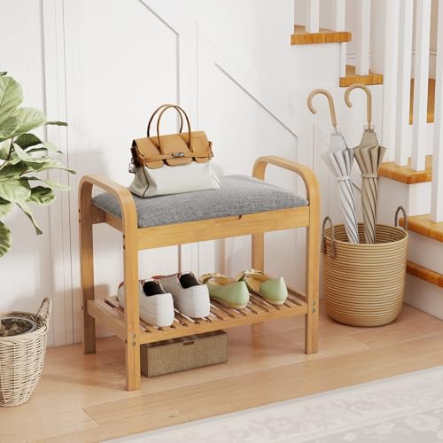 GOFLAME Bamboo Shoe Bench with Storage, 2-Tier Entryway Bench with Flip-Top Storage and Padded Seat Cushion, Shoe Rack Organizer with Shelf for Hallway, Bedroom, Living Room - style: With Storage - Small Size