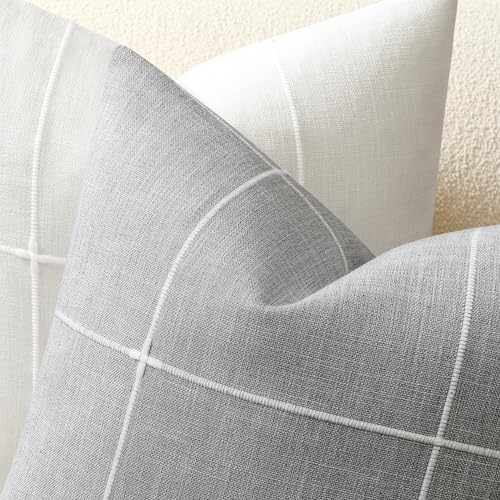 2 Packs Grid Embroidery Throw Pillow Covers 20x20in Light Grey | Farmhouse Linen Pillow Cases, Decorative Accent Cushion Covers, Checked Home Decor for Sofa Bed Living Room - color: Light Grey, size: 20" x 20" (Pack of 2)