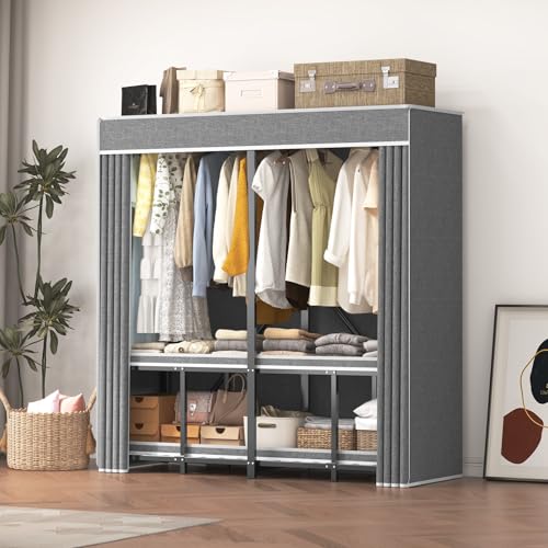 59" Portable Wardrobe Closet with Cover, Heavy Duty Clothes Rack 59" × 20.5" × 68", Foldable Metal Garment Rack for Hanging Clothes, 95% Pre-Assembled - size: 59"*20.5"*68"