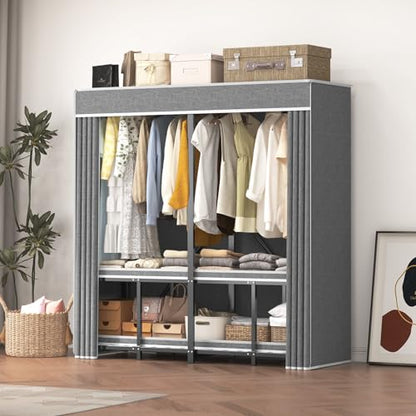59" Portable Wardrobe Closet with Cover, Heavy Duty Clothes Rack 59" × 20.5" × 68", Foldable Metal Garment Rack for Hanging Clothes, 95% Pre-Assembled - size: 59"*20.5"*68"