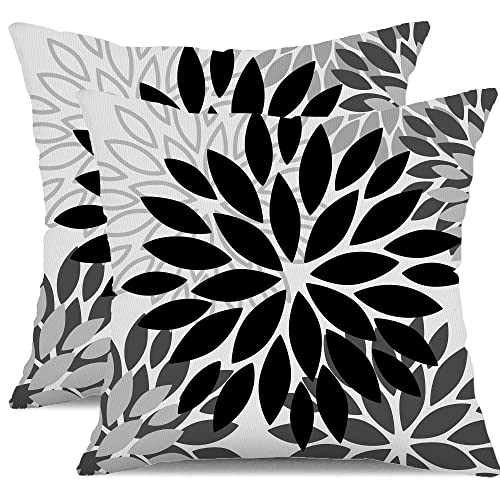 DFXSZ Outdoor Waterproof Pillow Covers 16x16 Set of 2 Black Grey Flower | Spring Summer Waterproof Flower Throw Pillowcases（No Inserts）Outdoor Decor for Patio Funiture Garden Polyester Covers - color: Black Grey, size: 16" x 16" (Pack of 2)