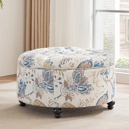 HUIMO 30-Inch Round Storage Ottoman, Button Tufted Ottoman(Blue Flower) | Ottoman Coffee Table with Removable Top, Upholstered Ottoman with Storage, Footrest Stool for Living Room, Bedroom and Office - color: Blue Flower