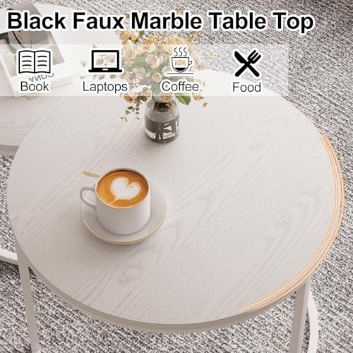 Nesting Coffee Table, 23.6" Round Coffee Table Set of 2, Wooden Nesting Table Set with Metal Frame, Side Tables for Living Room Bedroom Balcony, White - color: White