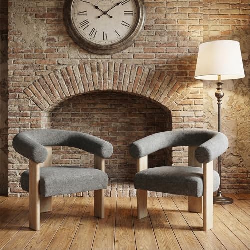 VKNOW Barrel Accent Chairs Set of 2 with Armrests and Rubberwood Legs | Mid Century Modern Upholstered Living Room Chairs with Open Back, Chenille Fabric, for Living Room, Bedroom, Dark Gray - color: Dark Gray, size: Set of 2