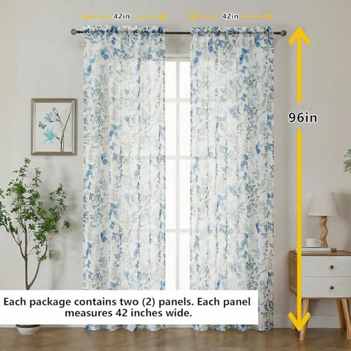 Crushed Sheer Curtains, 96 Inches Long, 2 Panels Set, Floral Printed Drapes for Living Room, Rod Pocket, Light Filtering Farmhouse Window Sheers Blue, (2 Panels, 42" x 96") - color: Blue/Multi, size: 42"W x 96"L (Pack of 2)