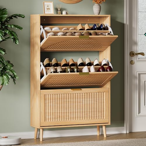 Xixini Shoe Storage Cabinet with 3 Flip Drawers, 50" Tall Narrow Wood Fluted Shoe Organizer for Entryway, Freestanding Wooden Hidden Slim Shoe Rack for Front Door Entrance, Hallway, Foyer, Natural Oak - color: Natural Oak, size: 3 Flip Drawers
