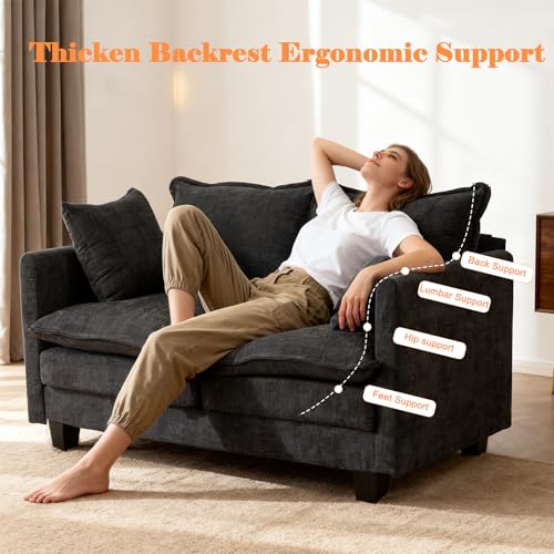 50'' Loveseat Sofa Cloud Sofa Couch, Modern Loveseats 2 Seat Couch 27" Deep Seat with 2 Pillows for Small Spaces Apartment Studio Office Bedroom Living Room, Black - color: Black, size: 50"