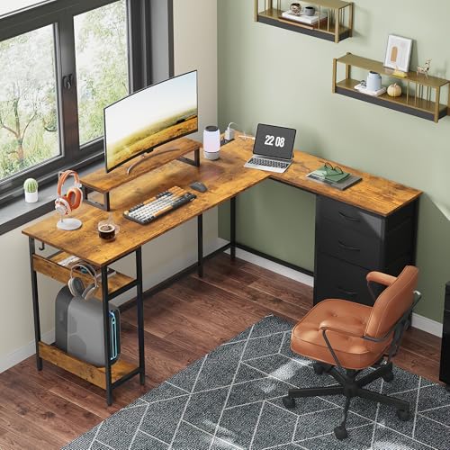DEVAISE 60 Inch L Shaped Gaming Desk with Drawers and Storage, Corner Desk with LED Lights, Power Outlets, Computer Desk with Monitor Stand, Office Desk for Home, Rustic Brown - color: Rustic Brown, size: 60 Inch with Drawers