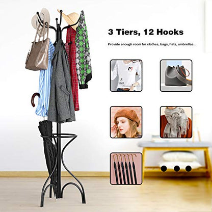 Tangkula Coat Rack Freestanding, 75 Inch Heavy Duty Metal Hanger Stand with Umbrella Holder, Entryway Hat Jacket Hanger with 12 Hooks for Scarf Crutch Bag, Standing Coat Tree Rack (Black)