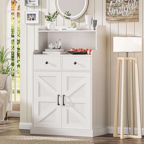 Farmhouse Bathroom Storage Cabinet with 2 Drawers & 2 Doors, Kitchen Cabinet Cupboard with Adjustable Shelves, Floor Storage Cabinet for Kitchen/Living Room/Bedroom, White