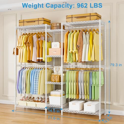 E4 Clothes Rack, Heavy-Duty Garment Rack, Metal Freestanding Clothing Organization Storage System Can Be L-shaped with Shelves and Hangers, Max Load 962lbs, 71.6" W x 14.5" D x 79.3" H, White | Metal Freestanding Clothing Organization Storage System with