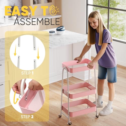 Sekey 3 Tier Rolling Cart, Hanging Cups, Hooks, Heavy Duty Mesh Rolling Storage Cart Organizer with 2 Lockable Wheels for Bathroom, Kitchen, Office, Craft, Makeup, Baby Essentials, Pink - color: Pink