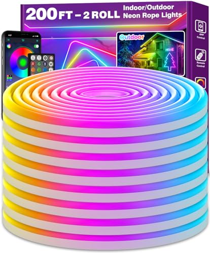AILBTON 200Ft Neon Rope Lights,Flexible Led Rope Lights Control with App/Remote,Multiple Modes RopeLights,IP65 Outdoor RGB Led Neon Lights NonWater Resistant,Music Sync Gaming Led NeonLight Strip - size: 200FT
