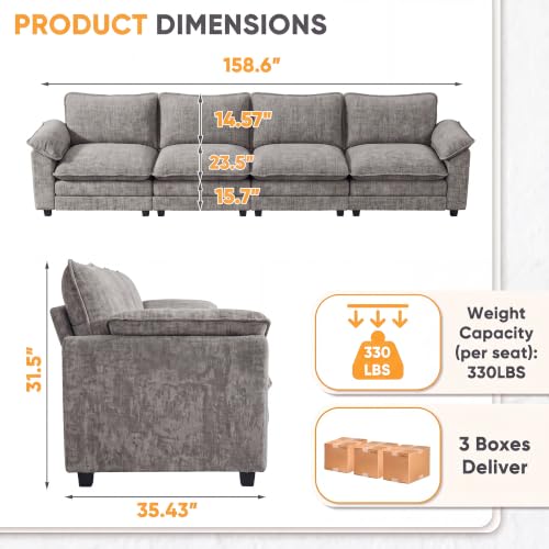 Homall 158.6" Cloud Couch, Modular Sectional Sofa, Light Grey | Comfy Chenille, Double Layer Cushions, 4 Seat, Sturdy Frame, High-Density Foam, Easy Assembly, Oversized Sofa for Living Room - color: Light Grey, size: Linear Sofa