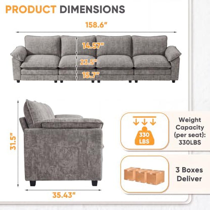 Homall 158.6" Cloud Couch, Modular Sectional Sofa, Light Grey | Comfy Chenille, Double Layer Cushions, 4 Seat, Sturdy Frame, High-Density Foam, Easy Assembly, Oversized Sofa for Living Room - color: Light Grey, size: Linear Sofa