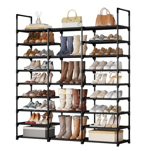 9-Tier Shoe Rack Organizer for 50-55 Pairs, Stackable Large Shoe Stand | Entryway Heavy Duty Shoe Rack, Tall Shoe Boot Storage, Black Metal Shelf for Storing Handbags, Boxes, Books, Flowerpots - size: L 9-Tier