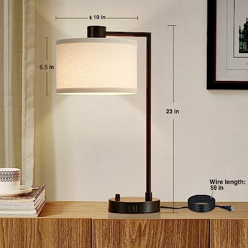 Luvkczc Table Lamp for Bedroom Set of 2 with USB C+A Ports, Fully Stepless Dimmable Bedside Lamp with Linen Lampshade, Contemporary Lamp for Living Room Reading Office, 2 LED Bulbs Included (Black) | Nightstand Lamp with Linen Lampshade, 2 LED Bulbs Inclu