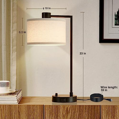 Luvkczc Table Lamp for Bedroom Set of 2 with USB C+A Ports, Fully Stepless Dimmable Bedside Lamp with Linen Lampshade, Contemporary Lamp for Living Room Reading Office, 2 LED Bulbs Included (Black) | Nightstand Lamp with Linen Lampshade, 2 LED Bulbs Inclu