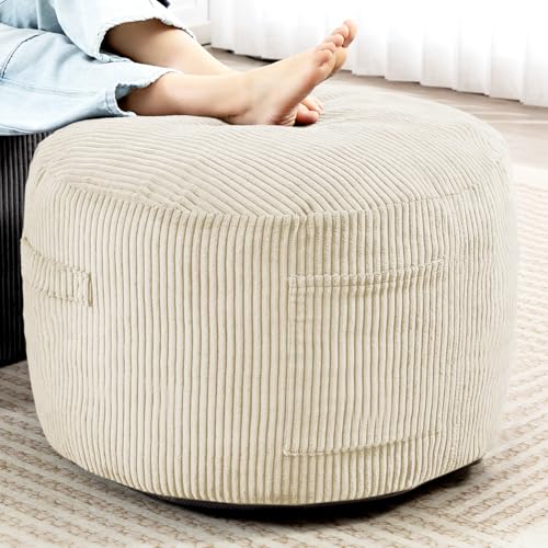 Round Stuffed Pouf Ottoman (Beige, 26" D x 26" W x 18" H) | Corduroy Foot Rest with Rebound Foam Filling, Furry and Fluffy Foot Stool Ottoman, Floor Poufs for Living Room - color: Beige, size: 26"D x 26"W x 18"H