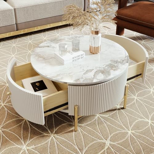 31.5" Round Coffee Table with Storage, Modern Round Coffee Table with 2 Drawers Storage Accent Table Round Black End Table for Living Room,Off White - color: Off White, size: 31.5"x31.5"x16.9"